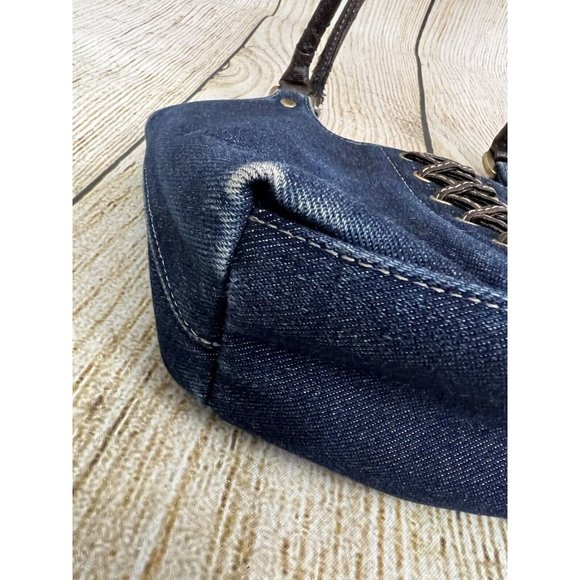 Vtg Y2K Small Denim Handbag Faux Leather Lace Up Front Blue Jean Shoulder Bag - Picture 9 of 15